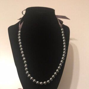 🤍✨ Gray Faux Pearl Necklace with Satin Ribbon Tie